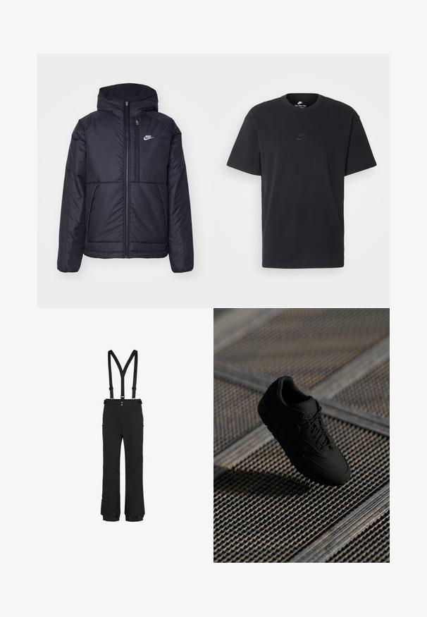 Casaco Nike preto, acolchoado, com fecho à frente e capuz. Apresenta um logo branco no lado esquerdo do peito e dois bolsos frontais. Textura exterior lisa.; T-shirt de algodão preto da Nike com um clássico decote redondo, mangas curtas e um logótipo em relevo discreto no peito. Textura suave.; Calças de neve pretas com suspensórios ajustáveis, fecho de correr frontal, bolsos laterais com fecho de correr e punhos elásticos na bainha para um ajuste seguro.; Sneaker preto com uma textura suave, biqueira redonda, atacadores à frente e uma marcação sutil. Exibido contra um fundo industrial texturizado.