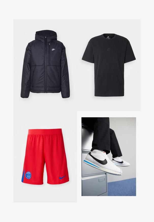 Čierna, polstrovaná bunda Nike so zipsom vpredu a kapucňou. Na ľavej strane hrude sa nachádza biele logo a sú tu dva predné vrecká. Hladký vonkajší povrch.; Čierne bavlnené tričko Nike s klasickým okrúhlym výstrihom, krátkymi rukávmi a jemne embosovaným logom na hrudi. Hladká textúra.; Červené športové šortky s rebrovanou textúrou, s modrým bočným panelom a kruhovým logom na ľavom stehne. Elastický pás pre pohodlie.; Biele kožené tenisky s čiernym logom Nike, svetlomodrou a šedou gumovou podrážkou a klasickým šnurovacím dizajnom. Nohy položené na fileciante.