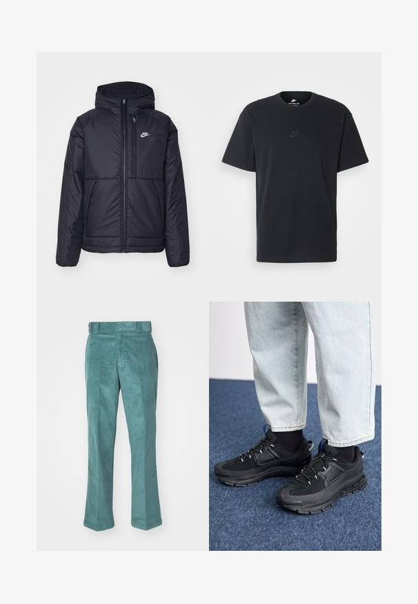 Casaco Nike preto, acolchoado, com fecho à frente e capuz. Apresenta um logo branco no lado esquerdo do peito e dois bolsos frontais. Textura exterior lisa.; T-shirt de algodão preto da Nike com um clássico decote redondo, mangas curtas e um logótipo em relevo discreto no peito. Textura suave.; Calças de veludo cotelê em teal com um design de perna reta, apresentando uma textura suave, passantes para cinto e bolsos laterais. Sem padrões ou ferragens visíveis.; Sapatilhas desportivas pretas com tecido texturizado e solas em borracha, apresentando atacadores elásticos e um detalhe azul no calcanhar. Usadas com calças de ganga claras.