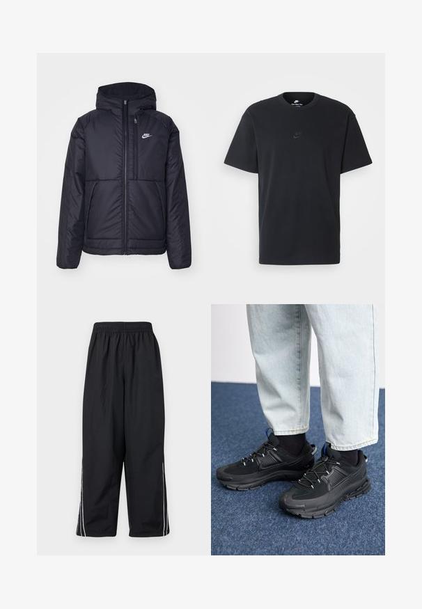 Černá zateplená bunda Nike s předním zipem a kapucí. Na levé straně hrudi má bílé logo a dvojité přední kapsy. Hladký povrch.; Černé bavlněné tričko Nike s klasickým kulatým výstřihem, krátkými rukávy a decentně vyraženým logem na hrudi. Hladký povrch.; Černé, lehké kalhoty vyrobené z nylonu s elastickým pasem, vybavené bílými bočními pruhy a volným, zkráceným střihem.; Černé sportovní boty s texturovanou tkaninou a gumovou podrážkou, s elastickými tkaničkami a modrým akcentem na patě. Nosí se s světlými džíny.