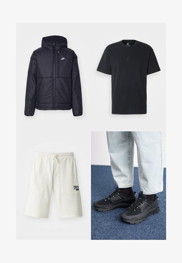 Sort, polstret Nike-jakke med frontlynlås og hætte. Har et hvidt logo på venstre bryst og to frontlommer. Glat ydre tekstur.; Nike sort bomulds t-shirt med en klassisk rund hals, korte ærmer og et diskret, præget logo på brystet. Glat tekstur.; Cremefarvede shorts lavet af blødt stof, med to store sidelommer og et sort "Converse All Star" logo på højre ben.; Sorte træningssko med tekstureret stof og gummisåler, udstyret med elastiske snørebånd og en blå detalje på hælen. Bæres med lyse denimbukser.