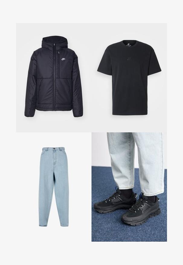 Juodas, paminkštintas Nike džemperis su priekyje užtrauktuku ir gobtuvu. Pasižymi balta logo kairėje krūtinės pusėje ir dviem priekinėmis kišenėmis. Su lygiu išoriniu paviršiumi.; Juodas medvilninis Nike marškinėliai su klasikinėmis apykaklėmis, trumpomis rankovėmis ir subtiliu, įspaustu logotipu ant krūtinės. Sklandus tekstūra.; Šviesiai mėlyni aukštu liemeniu džinsai su laisvu siluetu. Yra priekinis mygtukas, užtrauktukas ir penkių kišenių dizainas. Šiek tiek išblukusi audinio tekstūra.; Juodi sportiniai bateliai su tekstūruota medžiaga ir guminiais padais, su elastingomis raišteliais ir mėlynu akcentu ant kulno. Dėvimi su šviesiai mėlynomis džinsinėmis kelnėmis.