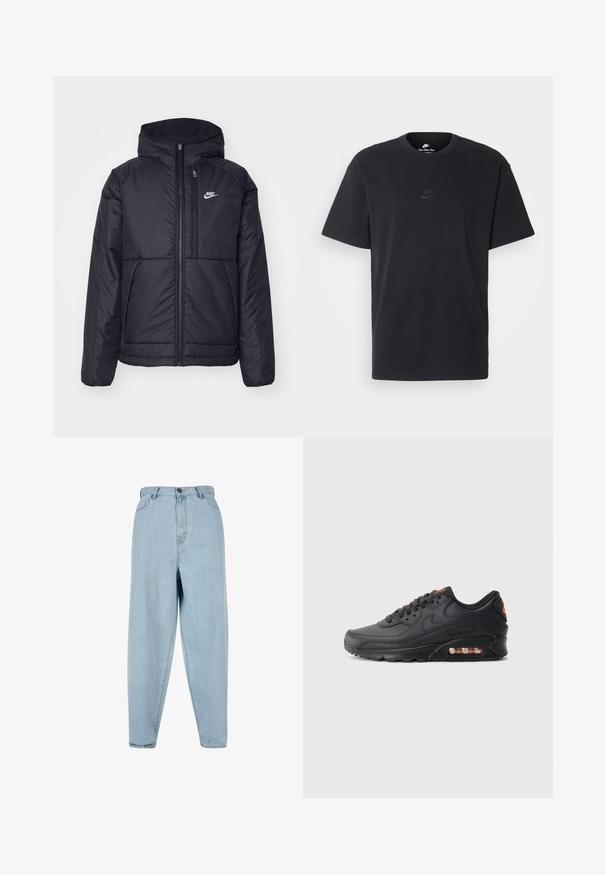 Zwarte, gewatteerde Nike-jas met een voorkant met ritssluiting en capuchon. Kenmerkt zich door een wit logo op de linkerborst en dubbele frontzakken. Gladde buitenkant.; Zwarte katoenen t-shirt van Nike met een klassieke ronde hals, korte mouwen en een subtiele, reliëflogo op de borst. Gladde textuur.; Lichtblauwe high-waisted jeans met een relaxte fit. Voorzien van een knoopsluiting, ritssluiting en vijf-pocketdesign. Licht vervaagde stoftextuur.; Nike Air Max 90 sneakers met een zwarte synthetische bovenkant, gestructureerd oppervlak, vetersluiting, zichtbare luchtunit en oranje accentlogo.