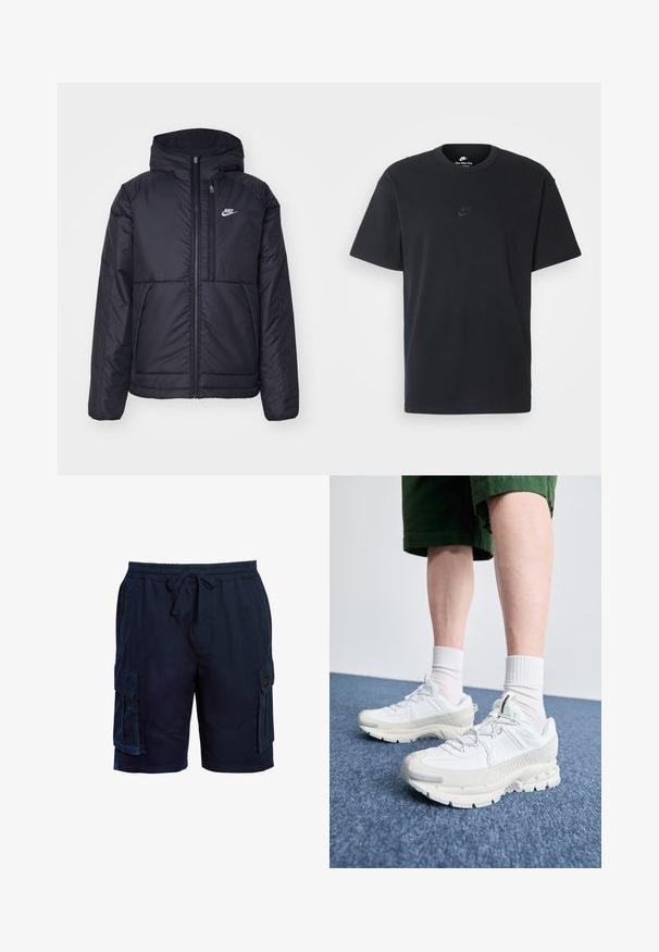 Čierna, polstrovaná bunda Nike so zipsom vpredu a kapucňou. Na ľavej strane hrude sa nachádza biele logo a sú tu dva predné vrecká. Hladký vonkajší povrch.; Čierne bavlnené tričko Nike s klasickým okrúhlym výstrihom, krátkymi rukávmi a jemne embosovaným logom na hrudi. Hladká textúra.; Námornícky modré cargo šortky s elastickým pásom, sťahovacou šnúrkou, vreckami na oboch stranách a textúrovanou tkaninou pre pohodlie.; Biele športové topánky s textúrovanými prešívaniami, robustnou podrážkou a sivými akcentami. Nosené s bielymi ponožkami po členky a zelenými šortkami na modrom povrchu.