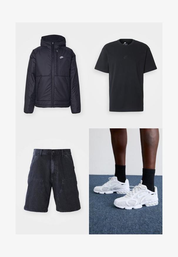 Juodas, paminkštintas Nike džemperis su priekyje užtrauktuku ir gobtuvu. Pasižymi balta logo kairėje krūtinės pusėje ir dviem priekinėmis kišenėmis. Su lygiu išoriniu paviršiumi.; Juodas medvilninis Nike marškinėliai su klasikinėmis apykaklėmis, trumpomis rankovėmis ir subtiliu, įspaustu logotipu ant krūtinės. Sklandus tekstūra.; Tamsūs džinsiniai šortai su tiesiu kirpimu, didelėmis priekinių kišenių, ir mygtukų uždarymu; glotni tekstūra ir minimalūs siuvimo detalės.; Baltos sportiniai bateliai su tinkline viršutine dalimi, tekstūruotais akcentais ir paminkštintu padu. Puikiai derančios su juodomis klasikinių kojinių iki kulkšnies ant mėlynos kiliminės dangos.