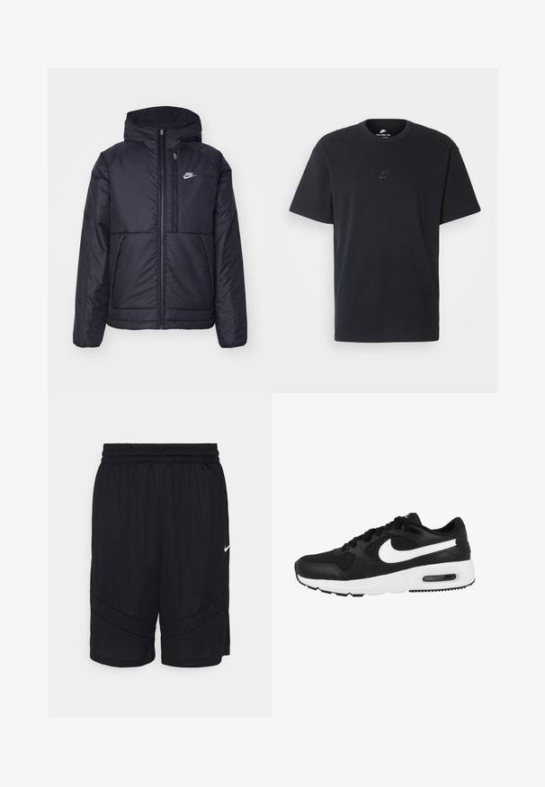 Czarna, pikowana kurtka Nike z przednim zamkiem błyskawicznym i kapturem. Posiada białe logo po lewej stronie klatki piersiowej oraz podwójne kieszenie z przodu. Gładka struktura zewnętrzna.; Czarny bawełniany t-shirt Nike z klasycznym okrągłym dekoltem, krótkimi rękawami oraz subtelnym, wytłoczonym logo na piersi. Gładka tekstura.; Czarne spodenki sportowe z siateczkową fakturą, elastycznym pasem i skośnym wzorem pasków po bokach. Zawierają małe białe logo.; Sneakers Nike z czarną siateczką i skórzaną cholewą, białym logo Swoosh, wyściółką w kołnierzu oraz czarną gumową podeszwą z widoczną amortyzacją powietrzną.