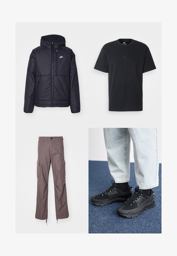 Black, padded Nike jacket with a front zipper and hood. Features a white logo on the left chest and dual front pockets. Smooth exterior texture.; Nike black cotton t-shirt with a classic crew neck, short sleeves, and a subtle, embossed logo on the chest. Smooth texture.; Cargo pants in a textured taupe fabric, featuring multiple side pockets, a straight leg design, and adjustable straps at the hem.; Black athletic shoes with textured fabric and rubber soles, featuring elastic laces and a blue accent on the heel. Worn with light denim pants.