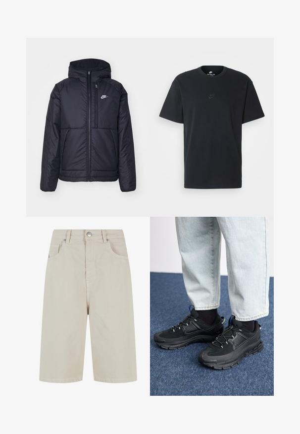 Must musta Nike jope, millel on ees lukuga avamine ja kapuuts. Vasakpoolne rind on kaunistatud valge logoga ning ees on kaks taskut. Sile välimine tekstuur.; Nike musta mustast puuvillast T-särk klassikalise ümmarguse kaelusega, lühikeste varrukatega ja õrna, reljeefse logoga rinnal. Sile tekstuur.; Beige denim lühikesed püksid otseküljega, ees nööpkinnitusega ja nelja taskuga. Kangas on sileda tekstuuriga ja minimaalsete õmblustetailidega.; Mustad mustad jooksukingad, millel on tekstureeritud kangas ja kummist tallad, elastsed nöörid ning sinine aksent kandadel. Kandmine heledate teksadega.