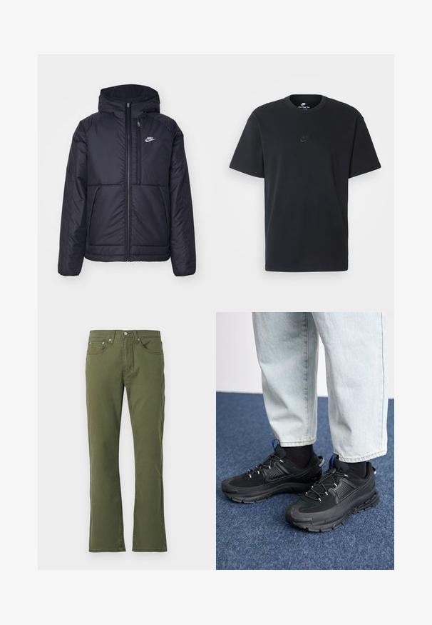 Juodas, paminkštintas Nike džemperis su priekyje užtrauktuku ir gobtuvu. Pasižymi balta logo kairėje krūtinės pusėje ir dviem priekinėmis kišenėmis. Su lygiu išoriniu paviršiumi.; Juodas medvilninis Nike marškinėliai su klasikinėmis apykaklėmis, trumpomis rankovėmis ir subtiliu, įspaustu logotipu ant krūtinės. Sklandus tekstūra.; Alyvuogių žalios spalvos plačios kelnės, pagamintos iš medvilnės, su lygia tekstūra; turi penkis kišenes, sagų užsegimą ir subtilias siuvimo detales.; Juodi sportiniai bateliai su tekstūruota medžiaga ir guminiais padais, su elastingomis raišteliais ir mėlynu akcentu ant kulno. Dėvimi su šviesiai mėlynomis džinsinėmis kelnėmis.
