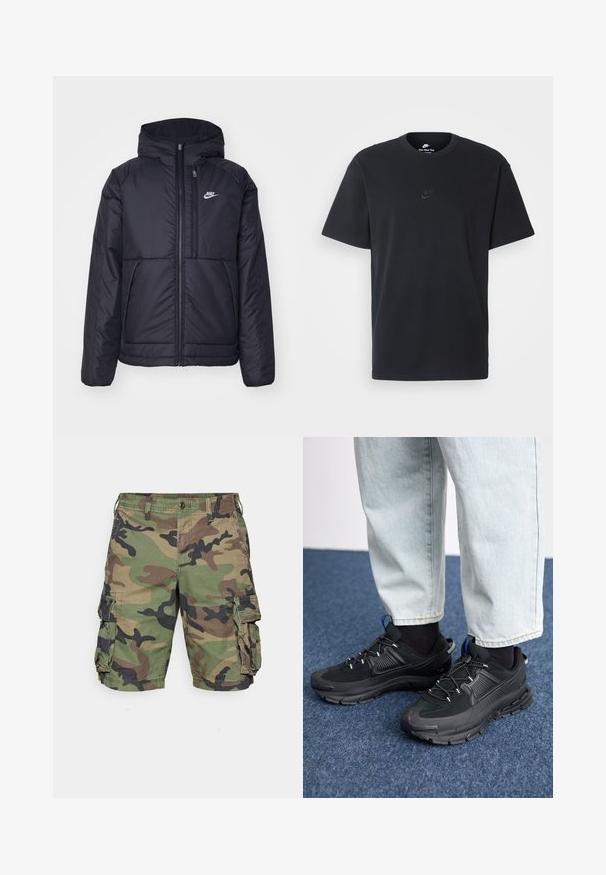 Svart, vadderad Nike-jacka med dragkedja framtill och huva. Har en vit logotyp på vänster bröst och dubbla framfickor. Slät yttextur.; Svart t-shirt i bomull från Nike med klassisk rund halsringning, korta ärmar och en diskret, präglad logotyp på bröstet. Slät textur.; Kamouflage cargoshorts i grön, brun och svart. Tillverkade av lättviktig tyg med sidofickor och knäppning, med en avslappnad passform.; Svarta sportskor med texturerat tyg och gummisulor, med elastiska snörningar och en blå detalj på hälen. Bärs med ljusa jeans.