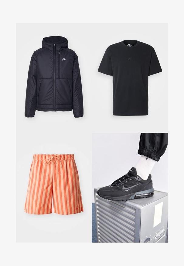 Černá zateplená bunda Nike s předním zipem a kapucí. Na levé straně hrudi má bílé logo a dvojité přední kapsy. Hladký povrch.; Černé bavlněné tričko Nike s klasickým kulatým výstřihem, krátkými rukávy a decentně vyraženým logem na hrudi. Hladký povrch.; Pruhované plavky v oranžové a světle broskvové barvě s elastickým pasem, nastavitelnou šňůrkou a malým logem na přední straně.; Nike Sportswear PULSE - Tenisky - black/anthracite