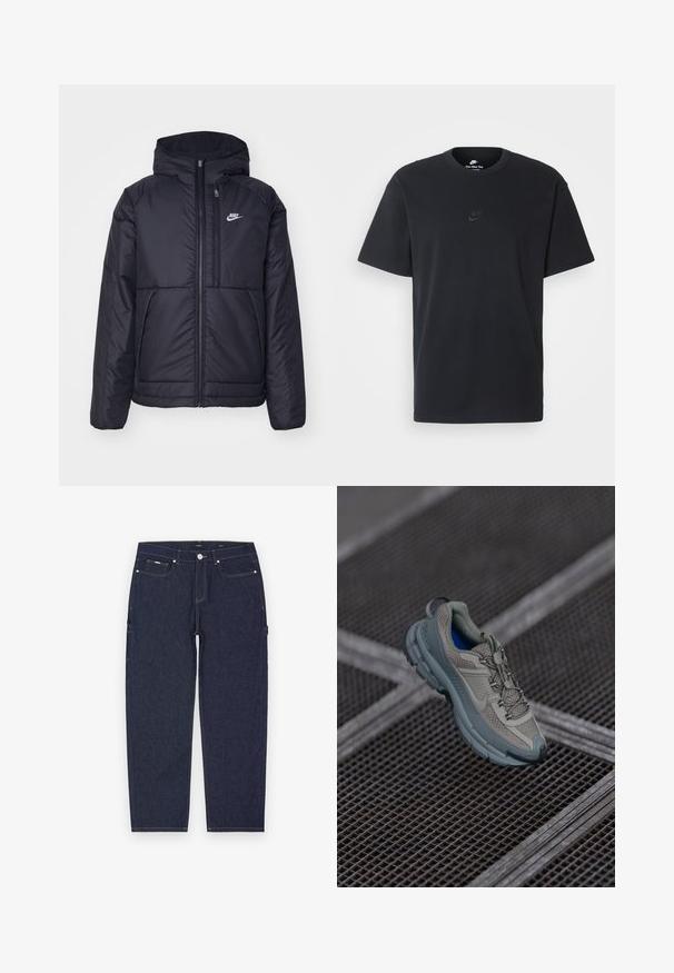 Casaco Nike preto, acolchoado, com fecho à frente e capuz. Apresenta um logo branco no lado esquerdo do peito e dois bolsos frontais. Textura exterior lisa.; T-shirt de algodão preto da Nike com um clássico decote redondo, mangas curtas e um logótipo em relevo discreto no peito. Textura suave.; Calças cargo em denim azul escuro com corte reto, apresentando costuras amarelas visíveis, bolsos frontais e laterais, e fechamento com botão de metal.; Sapatilha atlética bege e cinza com parte superior em malha texturizada, ponta arredondada e sola de borracha, com atacadores e colarinho almofadado.