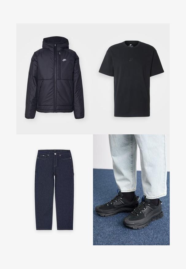 Chaqueta acolchada negra de Nike con cremallera frontal y capucha. Presenta un logo blanco en el lado izquierdo del pecho y dos bolsillos frontales. Textura exterior suave.; Camiseta negra de algodón de Nike con un clásico cuello redondo, mangas cortas y un sutil logo en relieve en el pecho. Textura suave.; Pantalones cargo de denim azul oscuro con corte recto, que presentan costuras amarillas visibles, bolsillos frontales y laterales, y un cierre de botón metálico.; Zapatillas deportivas negras con tejido texturizado y suelas de goma, con cordones elásticos y un acento azul en el talón. Combinadas con pantalones de mezclilla claros.