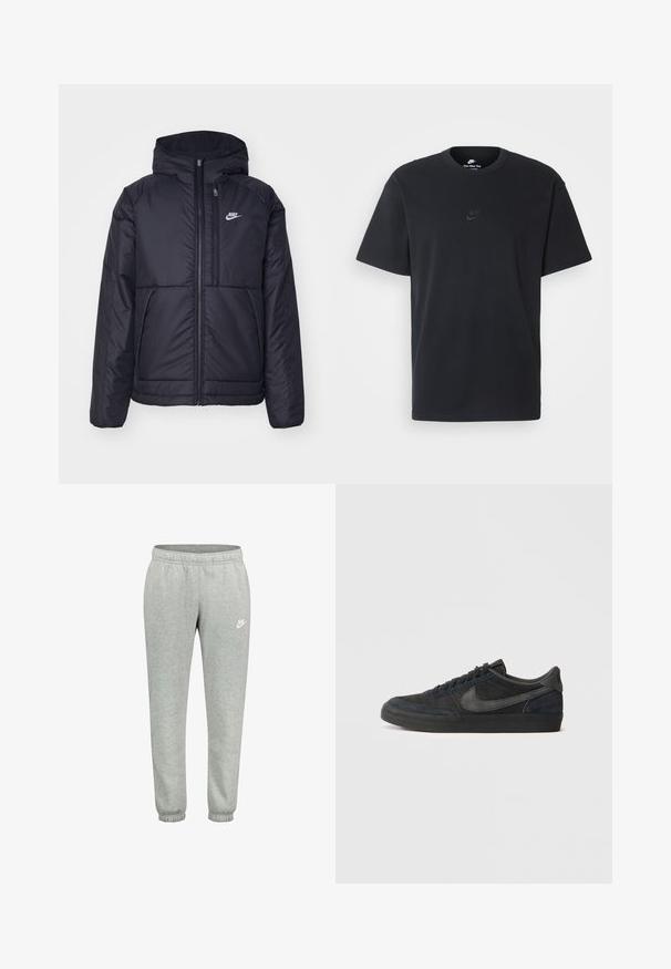 Casaco Nike preto, acolchoado, com fecho à frente e capuz. Apresenta um logo branco no lado esquerdo do peito e dois bolsos frontais. Textura exterior lisa.; T-shirt de algodão preto da Nike com um clássico decote redondo, mangas curtas e um logótipo em relevo discreto no peito. Textura suave.; Calças de moletão cinzentas da Nike com cintura elástica, pernas estreitas e punhos elásticos, apresentando um logo branco da Nike na coxa esquerda.; Sapatilhas de camurça negras com perfil baixo, sola de borracha, painéis laterais texturizados e logotipo Swoosh da Nike em tom semelhante. Com atacadores na parte da frente e collar almofadado.