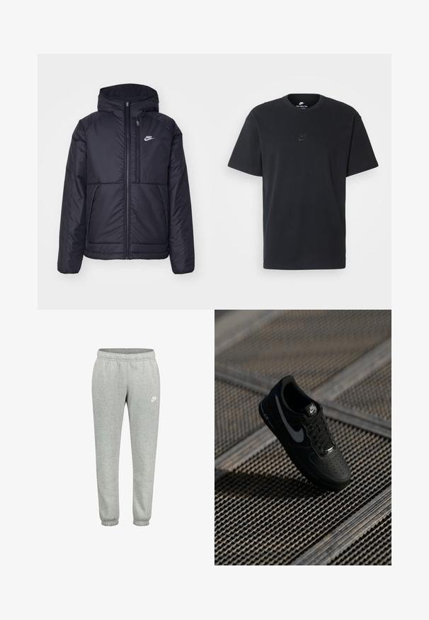 Casaco Nike preto, acolchoado, com fecho à frente e capuz. Apresenta um logo branco no lado esquerdo do peito e dois bolsos frontais. Textura exterior lisa.; T-shirt de algodão preto da Nike com um clássico decote redondo, mangas curtas e um logótipo em relevo discreto no peito. Textura suave.; Calças de moletão cinzentas da Nike com cintura elástica, pernas estreitas e punhos elásticos, apresentando um logo branco da Nike na coxa esquerda.; Sapatilha Nike Air Force 1 preta com um cabedal de pele lisa, bico perfurado, acabamentos cinzentos e atacadores pretos, flutuando acima de uma superfície texturizada.