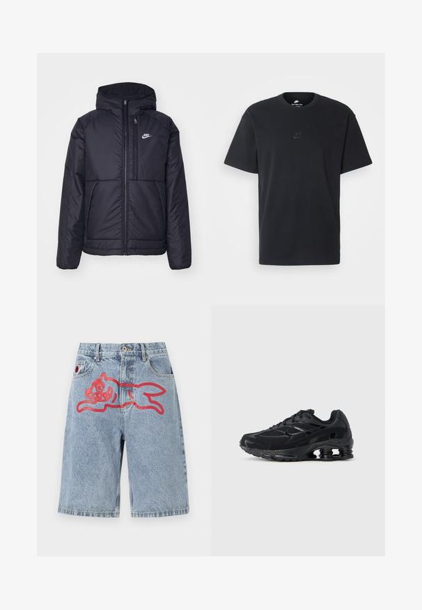 Juodas, paminkštintas Nike džemperis su priekyje užtrauktuku ir gobtuvu. Pasižymi balta logo kairėje krūtinės pusėje ir dviem priekinėmis kišenėmis. Su lygiu išoriniu paviršiumi.; Juodas medvilninis Nike marškinėliai su klasikinėmis apykaklėmis, trumpomis rankovėmis ir subtiliu, įspaustu logotipu ant krūtinės. Sklandus tekstūra.; Šviesiai mėlyni džinsiniai šortai laisvu kirpimu, su dideliu raudonu grafiniu piešiniu su bėgančiu gyvūnu ant nugaros. Penkių kišenių dizainas su sagčiu.; Juodas sportinis batelis su tinklinio viršumi, paminkštintu apykakliu ir ryškia pėdos kulno amortizavimo technologija. Turi tekstūruotus akcentus ir raištelius.
