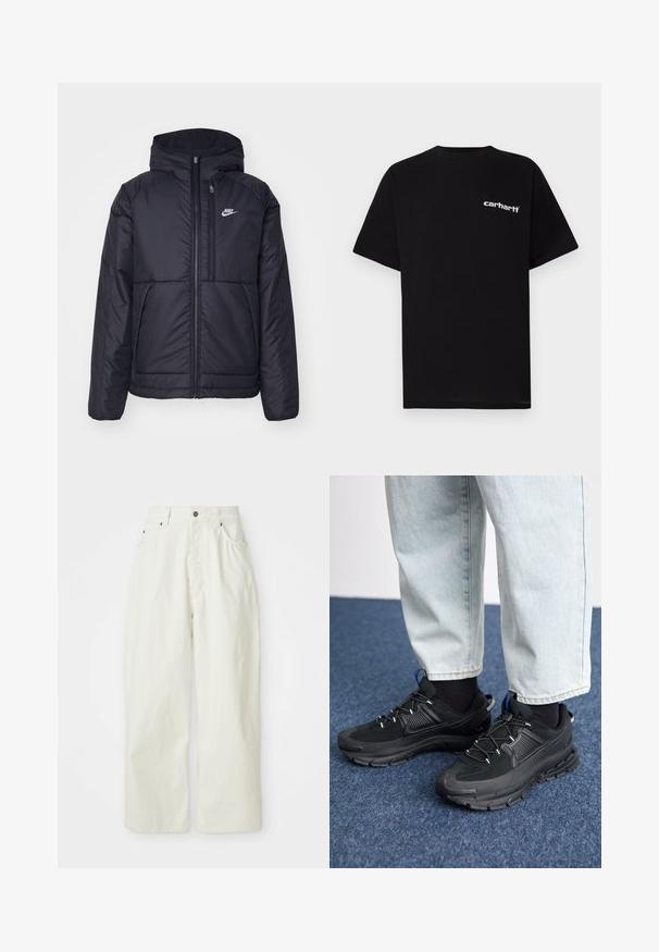Svart, polstret Nike-jakke med frontglidelås og hette. Har en hvit logo på venstre bryst og doble frontlommer. Glatt ytterside.; Svart bomulls-T-skjorte med korte ermer, rund hals og hvit "Carhartt"-logo på venstre bryst. Glatt tekstur, minimalistisk design.; Hvite vide bukser laget av bomull, med høy midje, fem lommer og metallknapplukking. Glatt tekstur med minimalistisk design.; Svarte sportssko med teksturert stoff og gummisåler, med elastiske lisser og en blå detalj på hælen. Brukt med lyse denimbukser.