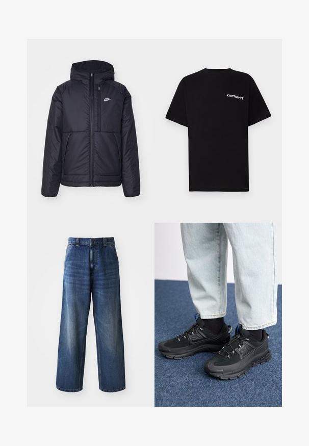 Schwarze, gepolsterte Nike-Jacke mit Frontreißverschluss und Kapuze. Hat ein weißes Logo auf der linken Brust und zwei Fronttaschen. Glattes äußeres Material.; Schwarzes Baumwoll-T-Shirt mit kurzen Ärmeln, Rundhalsausschnitt und weißem "Carhartt"-Logo auf der linken Brust. Glatte Textur, minimalistisches Design.; Hochtaillierte blaue Jeans mit weitem Bein, die eine subtile Ausbleichung, Seitentaschen und einen Knopfverschluss an der Taille aufweist.; Schwarze Sportschuhe aus strukturiertem Stoff mit Gummisohlen, ausgestattet mit elastischen Schnürsenkeln und einem blauen Akzent an der Ferse. Getragen mit hellen Jeans.