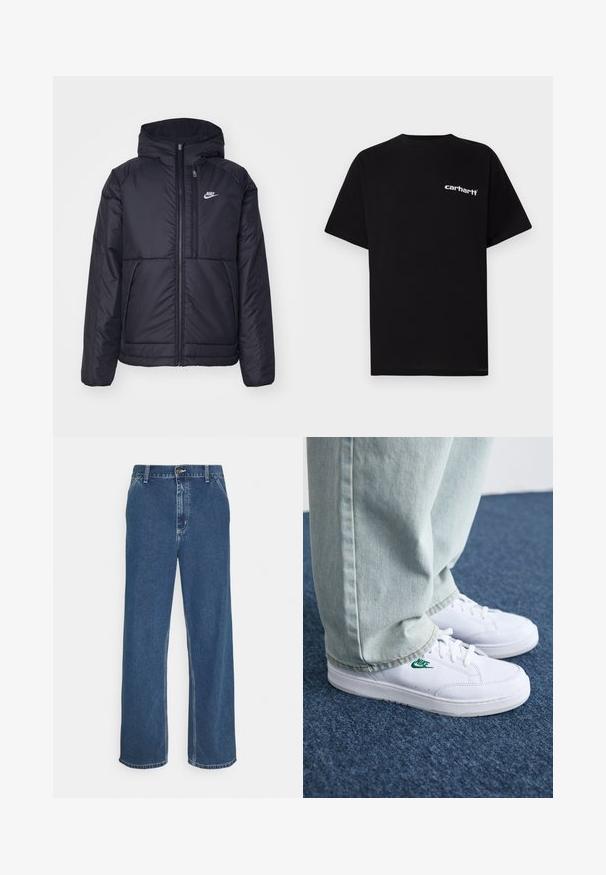 Black, padded Nike jacket with a front zipper and hood. Features a white logo on the left chest and dual front pockets. Smooth exterior texture.; Black cotton t-shirt with short sleeves, crew neckline, and white "Carhartt" logo on the left chest. Smooth texture, minimal design.; Blue denim jeans with a straight cut, five-pocket design, metal button closure, and visible stitching along seams and hem.; White leather sneakers with green Nike logo, round toe, flat sole, paired with light blue denim pants, shown on a blue carpet.
