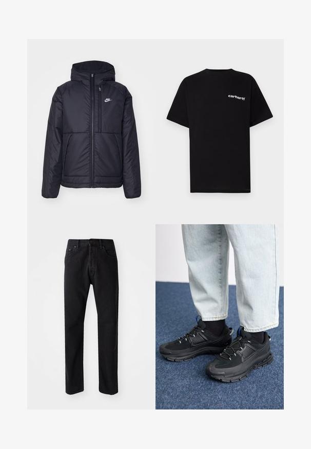 Giacca Nike nera, imbottita, con zip frontale e cappuccio. Presenta un logo bianco sul lato sinistro del petto e doppie tasche frontali. Texture esterna liscia.; T-shirt in cotone nero con maniche corte, scollo a girocollo e logo bianco "Carhartt" sul petto a sinistra. Texture liscia, design minimalista.; Jeans in denim nero con taglio dritto, cinque tasche e chiusura a bottone. Presentano cuciture visibili e un tessuto morbido e strutturato.; Scarpe sportive nere con tessuto testurizzato e suole in gomma, dotate di lacci elastici e un accento blu sul tallone. Indossate con pantaloni in denim chiaro.