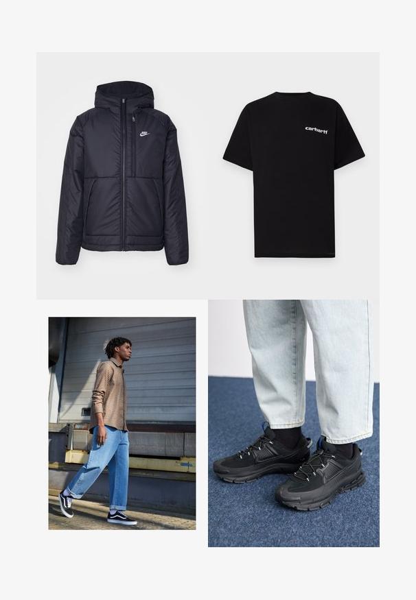Czarna, pikowana kurtka Nike z przednim zamkiem błyskawicznym i kapturem. Posiada białe logo po lewej stronie klatki piersiowej oraz podwójne kieszenie z przodu. Gładka struktura zewnętrzna.; Czarny bawełniany t-shirt z krótkimi rękawami, okrągłym dekoltem i białym logo „Carhartt” na lewej piersi. Gładka tekstura, minimalistyczny design.; Brązowa koszula w kratę, jasnoniebieskie luźne dżinsy i czarne sneakersy. Cechy to podwinięte mankiety i kontrastowe białe akcenty na butach.; Czarne buty sportowe z teksturowanej tkaniny i gumowymi podeszwami, z elastycznymi sznurówkami i niebieskim akcentem na pięcie. Noszone z jasnymi dżinsami.