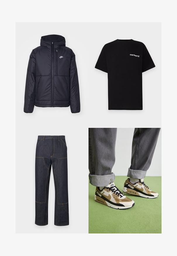 Črna, podložena Nike jakna z sprednjim zadrgo in kapuco. Ima bel logo na levem prsnem delu in dvojna sprednja žepa. Gladka zunanja tekstura.; Črna bombažna majica s kratkimi rokavi, okroglim izrezom in belim napisom "Carhartt" na levi prsni strani. Gladek tekstura, minimalističen dizajn.; Temno modre kavbojke s sproščenim krojem, rumenim šivom, sprednjimi žepi in značilnim dizajnom šivov.; Nike Air Max 90 športni copati v bež in črni barvi, s kombinacijo mrežnih in usnjenih materialov, vidno blaženje in črne vezalke.