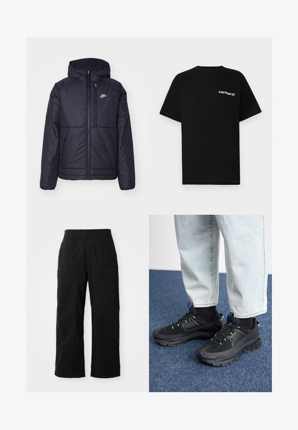 Fekete, párnázott Nike dzseki elülső cipzárral és kapucnival. A bal mellen fehér logó található, valamint két elülső zseb. Simának tűnő külső felület.; Fekete pamut rövid ujjú póló kerek nyakkivágással és fehér "Carhartt" logóval a bal mellrészen. Simaszövetű, letisztult dizájn.; Fekete pamut nadrág rugalmas derékkal, széles lábakkal és nagy oldalzsebekkel. Az anyag lágy és sima tapintású.; Fekete sportcipők texturált anyaggal és gumitalppal, elasztikus fűzőkkel és kék kiegészítővel a saroknál. Világos farmernadrággal viselve.