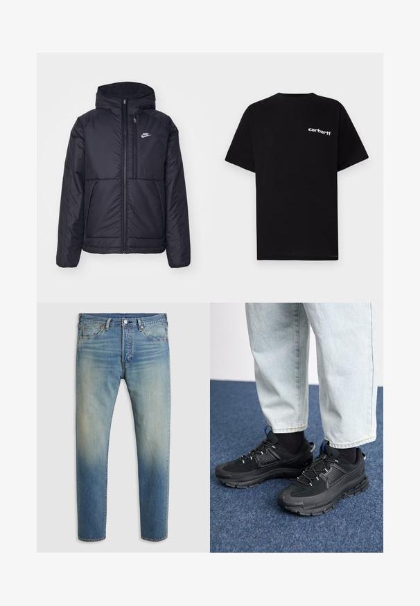 Melna, pufota Nike jaka ar priekšējo rāvējslēdzēju un kapuci. Iezīmēta ar baltu logotipu uz kreisās krūtis un divām priekšējām kabatām. Gluda ārējā tekstūra.; Melna kokvilnas T-krekls ar īsām piedurknēm, apaļu kakla izgriezumu un baltu "Carhartt" logotipu uz kreisās krūtis. Gluda tekstūra, minimālistisks dizains.; Vīriešu zili izbalējuši džinsi ar priekšējām kabatām, jostu cilpām, pogu aizdari un smalku nodilumu ap vidukli.; Melni sporta apavi ar strukturētu audumu un gumijas zoli, ar elastīgām auklām un zilu akcentu uz papēža. Nēsāti ar gaišām džinsu biksēm.