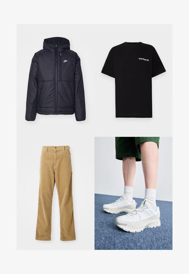 Casaco Nike preto, acolchoado, com fecho à frente e capuz. Apresenta um logo branco no lado esquerdo do peito e dois bolsos frontais. Textura exterior lisa.; T-shirt preta de algodão com mangas curtas, decote redondo e logótipo branco "Carhartt" no peito esquerdo. Textura suave, design minimalista.; Calças de corduroy castanhas com bolsos frontais, passantes para cinto, fecho com botão e corte reto, dispostas de forma plana sobre um fundo branco.; Sapatos atléticos brancos com sobreposições texturizadas, sola espessa e detalhes em cinza. Usados com meias brancas até ao tornozelo e calções verdes sobre uma superfície azul.