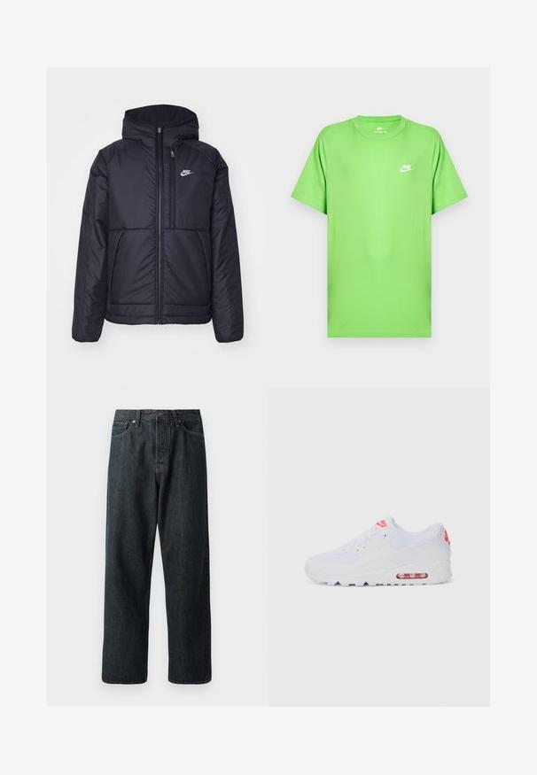 Black, padded Nike jacket with a front zipper and hood. Features a white logo on the left chest and dual front pockets. Smooth exterior texture.; Green cotton short-sleeve T-shirt featuring a crew neckline and small white Nike logo on the left chest. Smooth texture, regular fit.; Dark denim jeans with a straight-leg design, featuring a traditional five-pocket layout and a metal button closure at the waist.; White athletic sneaker featuring a smooth upper, lace closure, cushioned sole, and a visible air unit with red accents on the branding.