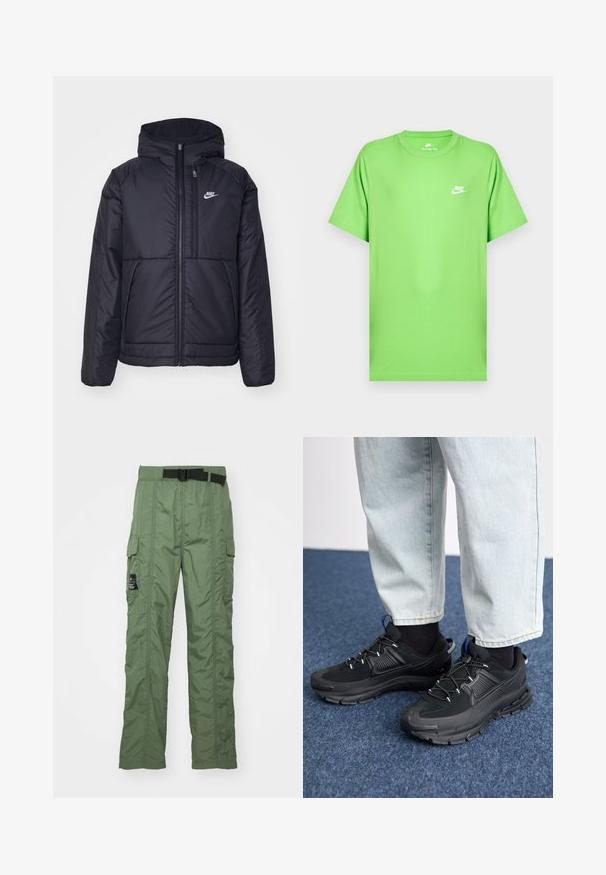 Crna Nike jakna s podstavom, dugmadi sprijeda i kapuljačom. Ima bijeli logotip na lijevoj strani prsnog koša i dva prednja džepa. Glatka vanjska tekstura.; Zelena pamučna majica kratkih rukava s okruglim izrezom i malim bijelim Nike logotipom na lijevoj strani prsa. Glatka tekstura, regularan kroj.; Kargo hlače u maslinasto zelenoj boji, izrađene od lagane tkanine. Imaju crni pojas, kargo džepove sa strane i detalje šivanja.; Crne atletske cipele s teksturiranom tkaninom i gumene potplate, s elastičnim vezicama i plavim akcentom na peti. Nosene su s svijetlim trapericama.