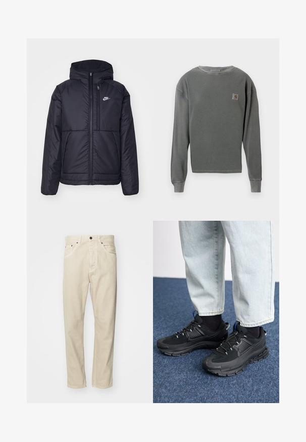 Svart, polstret Nike-jakke med frontglidelås og hette. Har en hvit logo på venstre bryst og doble frontlommer. Glatt ytterside.; Grå langermet genser med rund hals og ribbestruktur, med et lite firkantet logo-patch på venstre bryst og ribbestrikkede mansjetter.; Beige, bomullbukser med rett ben-design, fem lommer og metallhardware-akenter. Jevn tekstur med minimale sømdetaljer.; Svarte sportssko med teksturert stoff og gummisåler, med elastiske lisser og en blå detalj på hælen. Brukt med lyse denimbukser.