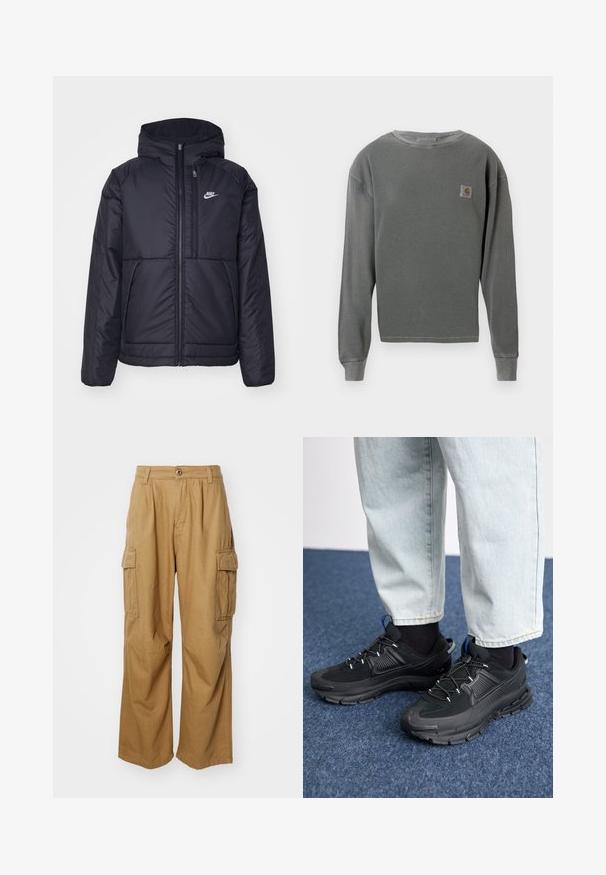 Černá zateplená bunda Nike s předním zipem a kapucí. Na levé straně hrudi má bílé logo a dvojité přední kapsy. Hladký povrch.; Šedá dlouhá mikina s kulatým výstřihem a žebrovanou texturou, s malou čtvercovou nášivkou na levé hrudi a žebrovanými manžetami.; Béžové cargo kalhoty s rovnou nohavicí, které mají dvě boční kapsy a zapínání na knoflík. Vyrobené z měkké a odolné tkaniny.; Černé sportovní boty s texturovanou tkaninou a gumovou podrážkou, s elastickými tkaničkami a modrým akcentem na patě. Nosí se s světlými džíny.