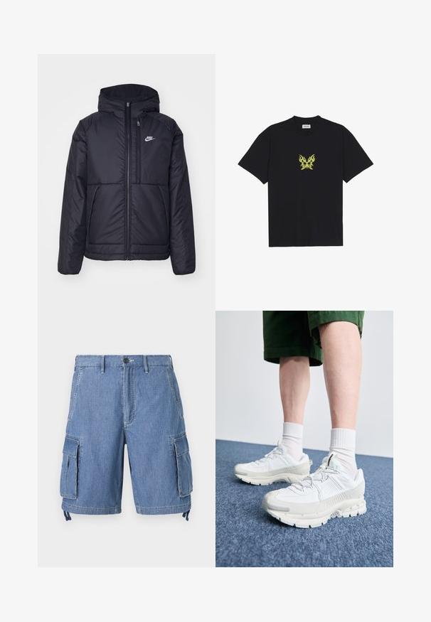 Veste Nike noire rembourrée avec une fermeture éclair sur le devant et une capuche. Elle présente un logo blanc sur la poitrine gauche et deux poches avant. Texture extérieure lisse.; T-shirt en coton noir avec un petit graphique de papillon à motif flammes jaunes sur la poitrine. Encolure ronde, manches courtes.; Shorts cargo en denim bleu avec une fermeture à bouton, deux poches avant et deux grandes poches latérales à rabat. Comprend des cordons de serrage réglables à l'ourlet.; Des chaussures de sport blanches avec des superpositions texturées, une semelle épaisse et des accents gris. Portées avec des chaussettes blanches et des shorts verts sur une surface bleue.