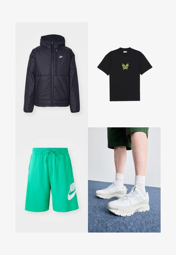 Juodas, paminkštintas Nike džemperis su priekyje užtrauktuku ir gobtuvu. Pasižymi balta logo kairėje krūtinės pusėje ir dviem priekinėmis kišenėmis. Su lygiu išoriniu paviršiumi.; Juodas medvilnės marškinėliai su mažuoju geltonu ugnies rašto drugeliu ant krūtinės. Apvalus kaklas, trumpi rankovės.; Žalios medvilnės šortai su elastine juosmena, kreipiančia virve ir dideliu baltu Nike logotipu kairiajame šlaunyje. Lygus paviršius, iki kelių ilgio.; Baltos sportinės bateliai su tekstūruotais uždengimais, masyviu padu ir pilkais akcentais. Dėvimi su baltais trumpais kojiniais ir žaliais šortais mėlyname paviršiuje.