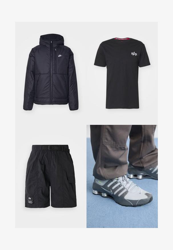 Čierna, polstrovaná bunda Nike so zipsom vpredu a kapucňou. Na ľavej strane hrude sa nachádza biele logo a sú tu dva predné vrecká. Hladký vonkajší povrch.; Čierne bavlnené tričko s krátkymi rukávmi. Má malé biele logo na ľavej hrudi a kontrastný červený vnútorný límec.; Čierne cargo šortky vyrobené z ľahkého materiálu, s nastaviteľným pásom, bočnými vreckami a etiketou na ľavej nohe.; Šedé a strieborné tenisky Nike Shox majú elegantný dizajn, kombináciu sieťoviny a syntetických materiálov, zaoblenú špičku a polstrovaný golier.
