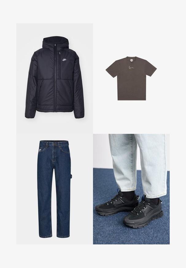 Crna Nike jakna s podstavom, dugmadi sprijeda i kapuljačom. Ima bijeli logotip na lijevoj strani prsnog koša i dva prednja džepa. Glatka vanjska tekstura.; Tamno siva pamučna majica sa okruglim izrezom, kratkim rukavima i bijelim potpisom na lijevoj strani prsiju.; Tamno plave traperice s ravnim nogavicama, pet džepova i vidljivom oznakom branda na prednjoj lijevoj strani.; Crne atletske cipele s teksturiranom tkaninom i gumene potplate, s elastičnim vezicama i plavim akcentom na peti. Nosene su s svijetlim trapericama.