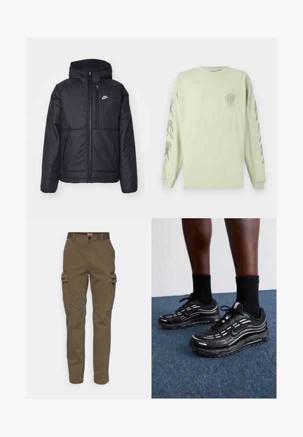 Melna, pufota Nike jaka ar priekšējo rāvējslēdzēju un kapuci. Iezīmēta ar baltu logotipu uz kreisās krūtis un divām priekšējām kabatām. Gluda ārējā tekstūra.; Gaišzaļš kokvilnas krekls ar garām piedurknēm, kas piedāvā mazu logo uz krūtīm un abstraktus rakstus tumši zaļās krāsās pa piedurknēm.; Olīvu zaļas kravas bikses, izgatavotas no kokvilnas twill auduma, ar sānu kabatām, pogu aizdari un sašaurinātām kājām.; Melni Nike apavi ar sietveida augšdaļu, akcentējošām svītrām, teksturētām šņorēm un melnu gumijas zoli. Valkāti ar melniem ribota auduma zeķēm.