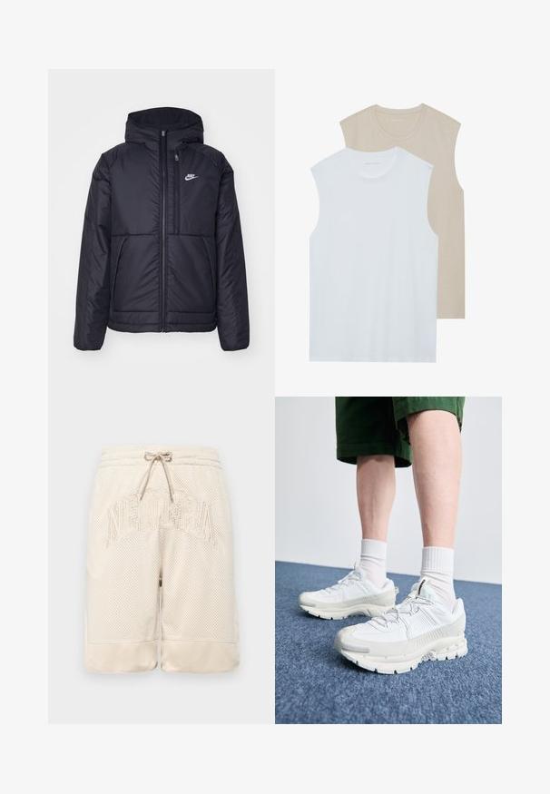 Zwarte, gewatteerde Nike-jas met een voorkant met ritssluiting en capuchon. Kenmerkt zich door een wit logo op de linkerborst en dubbele frontzakken. Gladde buitenkant.; Twee mouwloze shirts: één wit, één lichtbeige. Beide hebben een ronde halslijn en zijn gemaakt van zacht, glad materiaal met een casual pasvorm.; Beige mesh shorts met een gestructureerd oppervlak, voorzien van een elastische taille met trekkoord en het "NEWERA"-logo prominent op de voorkant gestikt.; Witte sportieve schoenen met textuuroverlays, een dikke zool en grijze accenten. Draag ze met witte crew-sokken en groene shorts op een blauwe ondergrond.
