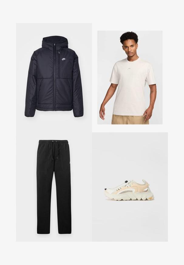Črna, podložena Nike jakna z sprednjim zadrgo in kapuco. Ima bel logo na levem prsnem delu in dvojna sprednja žepa. Gladka zunanja tekstura.; Moški s kratkimi kodrastimi lasmi nosi bež Nike majico in khaki kratke hlače, obrnjeni naprej proti enostavni svetli ozadju.; Črne trenirke iz flisa, z elastičnim pasom in vrvico, dvema sprednjima žepoma ter majhnim logotipom na stegnu.; Lahki športni copati z mrežnim zgornjim delom v bež in beli barvi, ki se ponašajo z zatesnjenim podplatom, elastičnim sistemom vezalk in izrazitim podporo za peto.