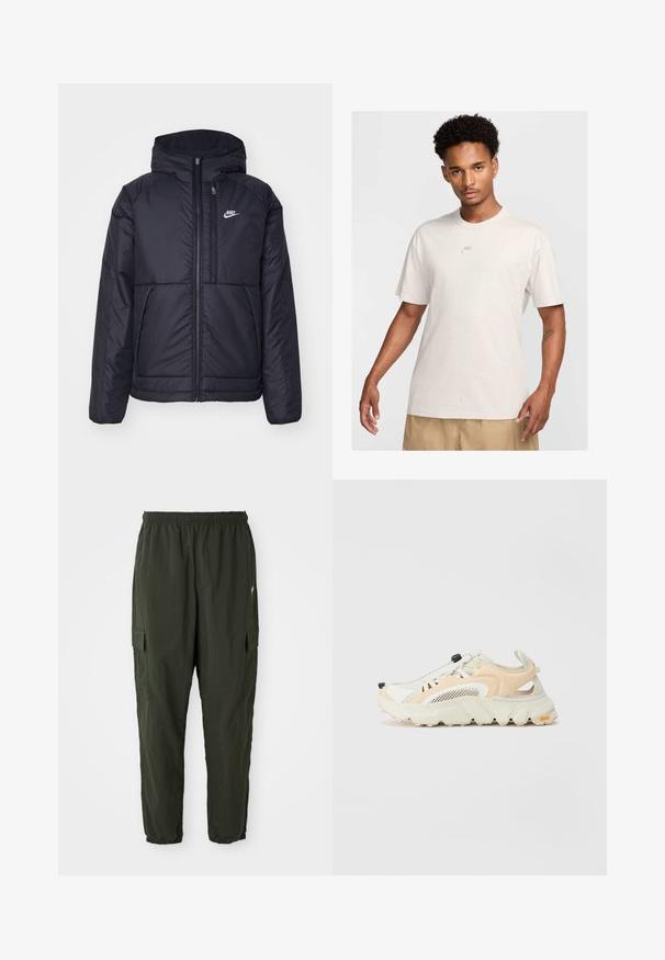 Juodas, paminkštintas Nike džemperis su priekyje užtrauktuku ir gobtuvu. Pasižymi balta logo kairėje krūtinės pusėje ir dviem priekinėmis kišenėmis. Su lygiu išoriniu paviršiumi.; Vyras su trumpais garbanotais plaukais, apsirengęs bežiniu Nike marškinėliu ir khaki šortais, stovi iškėlęs veidą priešais šviesų fono.; Tamsiai žaliai cargo kelnės, pagamintos iš lengvos medžiagos, su elastingu juosmeniu, siaurėjančiomis kojomis ir šoninėmis kišenėmis su sklendėmis.; Lengvi sportiniai batai su tinkleliu viršuje, šviesiai rudi ir balti, su tekstūruota padanga, elastiniu raištelių sistemu ir išryškintu kulno pamatu.