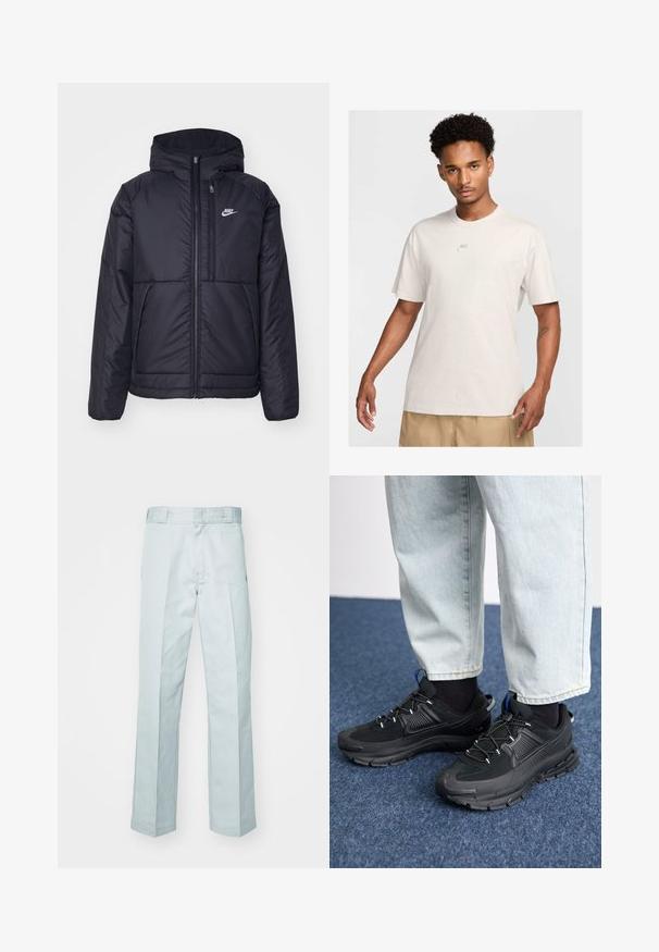 Black, padded Nike jacket with a front zipper and hood. Features a white logo on the left chest and dual front pockets. Smooth exterior texture.; Man with short curly hair wears beige Nike t-shirt and khaki shorts, facing forward against plain light background.; Light blue cotton trousers with a straight leg design, featuring subtle crease lines and a smooth texture, finished with a standard waistband.; Black athletic shoes with textured fabric and rubber soles, featuring elastic laces and a blue accent on the heel. Worn with light denim pants.