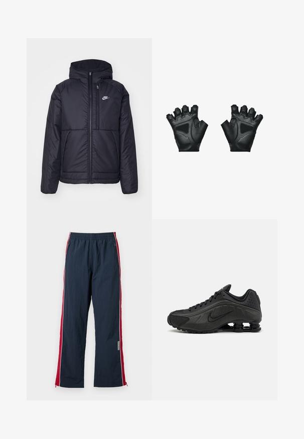 Black, padded Nike jacket with a front zipper and hood. Features a white logo on the left chest and dual front pockets. Smooth exterior texture.; Man with short curly hair wears beige Nike t-shirt and khaki shorts, facing forward against plain light background.; Navy athletic pants with an elastic waist and red side stripes. Features white piping and zippers at the ankle for adjustments. Lightweight material.; Black running shoes featuring a smooth synthetic upper, perforated accents, textured side panels, and a distinct springy sole.; Black fingerless gloves made of textured leather with padded accents and reinforced stitching. Open fingers for improved grip and dexterity.