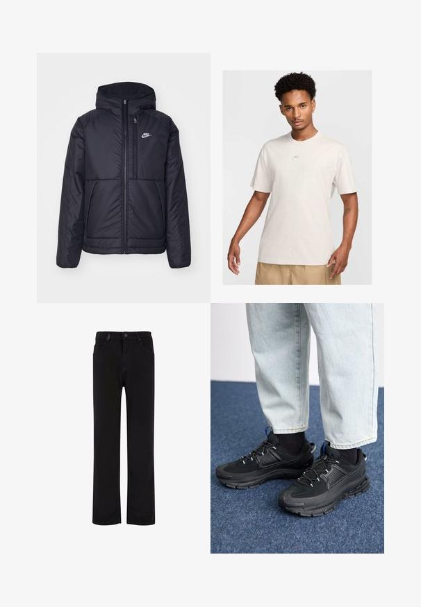 Melna, pufota Nike jaka ar priekšējo rāvējslēdzēju un kapuci. Iezīmēta ar baltu logotipu uz kreisās krūtis un divām priekšējām kabatām. Gluda ārējā tekstūra.; Vīrietis ar īsiem, viļņainiem matiem, uzvilcis bežīgu Nike t-kreklu un khaki šortus, skatās uz priekšu pret vienkāršu gaismas fona.; Melnas džinsu bikses ar taisnu kāju dizainu, kurām ir pogu aizdare, jostas cilpas un priekšējie kabatas. Laidena tekstūra un vienmērīga krāsa.; Melni sporta apavi ar strukturētu audumu un gumijas zoli, ar elastīgām auklām un zilu akcentu uz papēža. Nēsāti ar gaišām džinsu biksēm.
