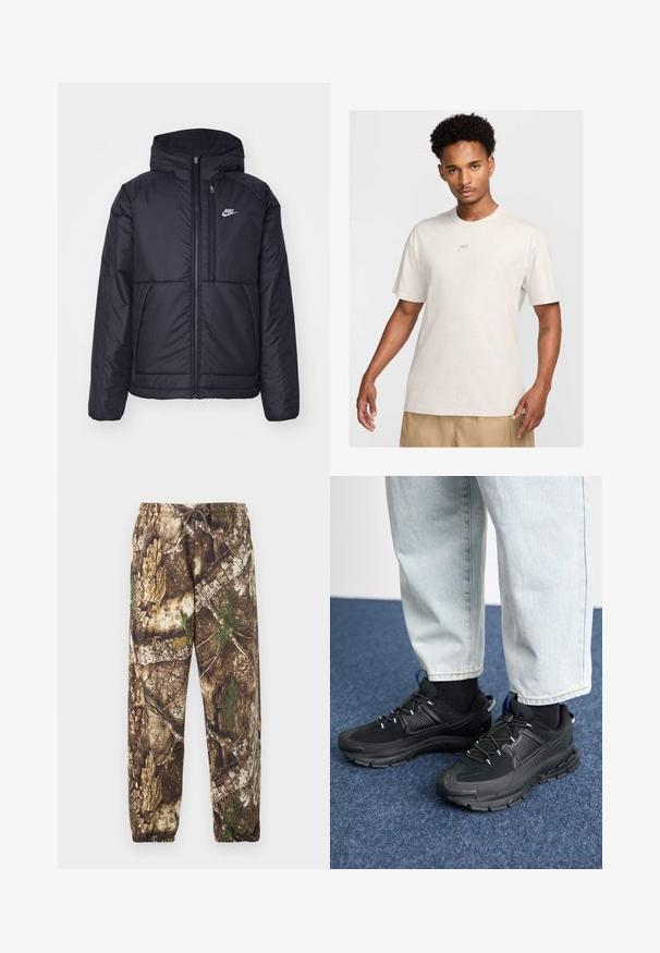 Black, padded Nike jacket with a front zipper and hood. Features a white logo on the left chest and dual front pockets. Smooth exterior texture.; Man with short curly hair wears beige Nike t-shirt and khaki shorts, facing forward against plain light background.; Camo sweatpants with a brown and green natural pattern, featuring an elastic waistband with a drawstring and elastic cuffs at the ankles.; Black athletic shoes with textured fabric and rubber soles, featuring elastic laces and a blue accent on the heel. Worn with light denim pants.