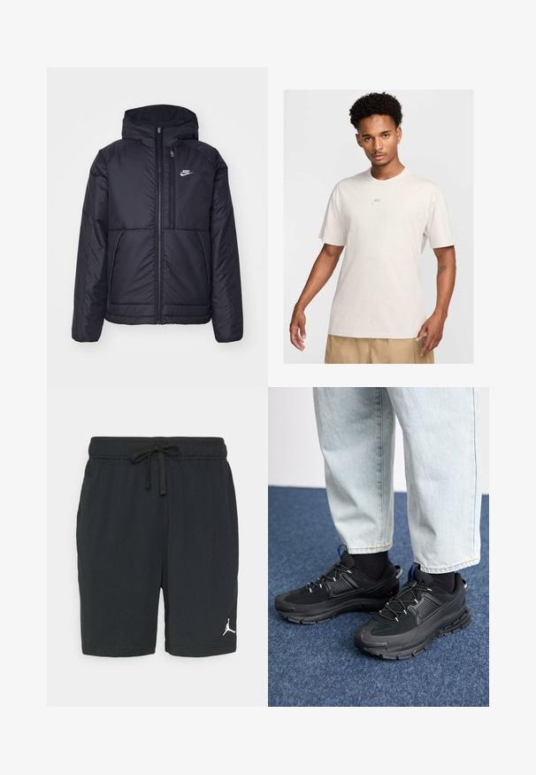 Crna Nike jakna s podstavom, dugmadi sprijeda i kapuljačom. Ima bijeli logotip na lijevoj strani prsnog koša i dva prednja džepa. Glatka vanjska tekstura.; Muž s kratkom kovrčavom kosom nosi bež Nike majicu i khaki kratke hlače, gleda prema naprijed na jednoličnoj svijetloj pozadini.; Crne atletske kratke hlače od perforirane tkanine s elastičnom gumom u struku i vezicom. Imaju bijeli logo na donjoj lijevoj strani.; Crne atletske cipele s teksturiranom tkaninom i gumene potplate, s elastičnim vezicama i plavim akcentom na peti. Nosene su s svijetlim trapericama.