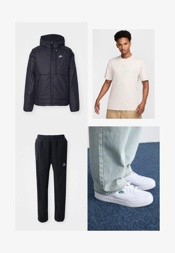 Črna, podložena Nike jakna z sprednjim zadrgo in kapuco. Ima bel logo na levem prsnem delu in dvojna sprednja žepa. Gladka zunanja tekstura.; Moški s kratkimi kodrastimi lasmi nosi bež Nike majico in khaki kratke hlače, obrnjeni naprej proti enostavni svetli ozadju.; Črne športne hlače iz mehkega, teksturiranega materiala, ki imajo elastičen pas, stranske žepe in trikotni logotip na stegnu.; Bela usnjena športna obutev z zelenim Nike logotipom, okrogla konica, ravna podplat, v kombinaciji z svetlo modrimi kavbojkami, prikazana na modrem preprogu.