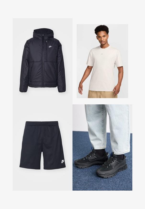 Casaco Nike preto, acolchoado, com fecho à frente e capuz. Apresenta um logo branco no lado esquerdo do peito e dois bolsos frontais. Textura exterior lisa.; Homem com cabelo curto e encaracolado usa uma t-shirt bege da Nike e calções caqui, virado para a frente contra um fundo claro simple.; Calções atléticos pretos feitos de tecido de malha. Possui uma cintura elástica e um bolso lateral; exibe um logótipo branco da Nike na bainha.; Sapatilhas desportivas pretas com tecido texturizado e solas em borracha, apresentando atacadores elásticos e um detalhe azul no calcanhar. Usadas com calças de ganga claras.