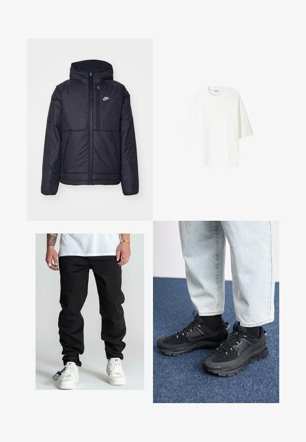 Musta, pehmustettu Nike-takki, jossa on etuvetoketju ja huppu. Vasemmassa rinnassa on valkoinen logo ja takissa on kaksinkertaiset etutaskut. Pintakoe on sileä.; Valkoinen lyhythihainen T-paita, joka on valmistettu puuvillasta. Paita on pyöreäkauluksinen ja siinä on rento istuvuus sekä suora helma.; Mustat farkut rentoa istuvuutta, joissa on näkyvät saumat, sivutaskut ja kenkään kiinnitetty lappu. Valkoiset tennarit viimeistelevät kokonaisuuden.; Mustat urheilukengät, joissa on teksturoitu kangas ja kumipohjat, elastiset nauhat ja sininen yksityiskohta kannassa. Yhdistetty vaaleisiin farkkuihin.