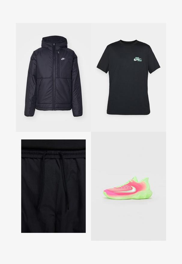 Giacca Nike nera, imbottita, con zip frontale e cappuccio. Presenta un logo bianco sul lato sinistro del petto e doppie tasche frontali. Texture esterna liscia.; T-shirt in cotone nero con maniche corte e scollo rotondo, con un logo azzurro "Just Do It" sulla parte superiore sinistra del petto.; Shorts neri con vita regolabile tramite coulisse, tessuto leggero con una texture liscia e un design semplice senza loghi o motivi visibili.; Scarpa da ginnastica neon rosa e verde con una tomaia testurizzata, suola ondulata e dettagli riflettenti argento. I lacci sono integrati nel design.